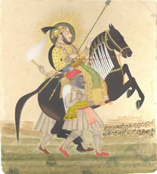 Maharana Sangram Singh montando un semental premiado